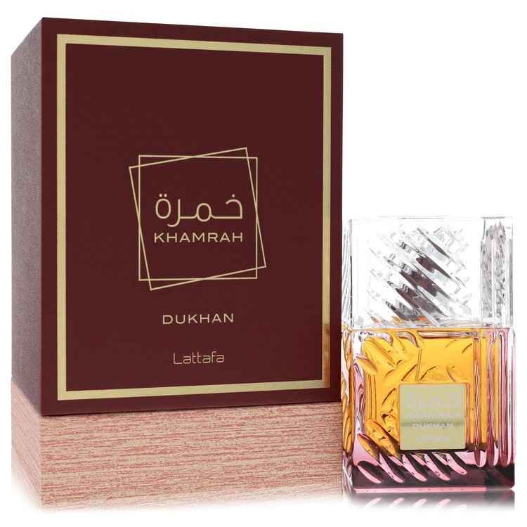 Lattafa Khamrah Dukhan Eau De Parfum spray for men and unisex, 3.4 oz bottle, with a sleek design in the image.
