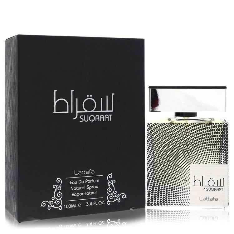 Lattafa Suqraat Eau De Parfum Spray for men, 3.4 oz, featuring sleek bottle design and luxurious fragrance presentation.