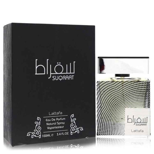 Lattafa Suqraat Eau De Parfum Spray for men, 3.4 oz, featuring sleek bottle design and luxurious fragrance presentation.