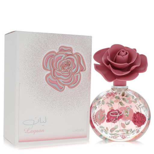 Layaan by Lattafa Eau de Parfum spray for women, 2.53 oz, featuring elegant bottle design and floral fragrance notes.