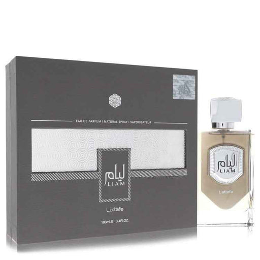 Liam Grey by Lattafa Eau De Parfum spray 3.4 oz for men and unisex, featuring sleek packaging and modern design.