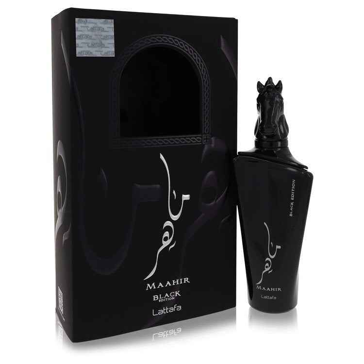 Maahir Black Edition Lattafa Eau De Parfum spray for women and unisex, 3.4 oz bottle with sleek black design.