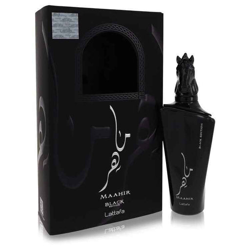 Maahir Black Edition Lattafa Eau De Parfum spray for women and unisex, 3.4 oz bottle with sleek black design.