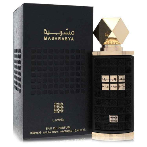 Lattafa Mashrabya Eau De Parfum spray for women and unisex, 3.4 oz bottle with elegant fragrance design.
