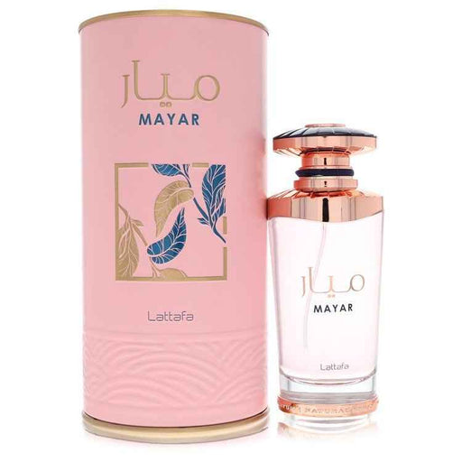 Mayar by Lattafa Eau De Parfum spray for women, 3.4 oz, featuring elegant packaging and floral fragrance notes.