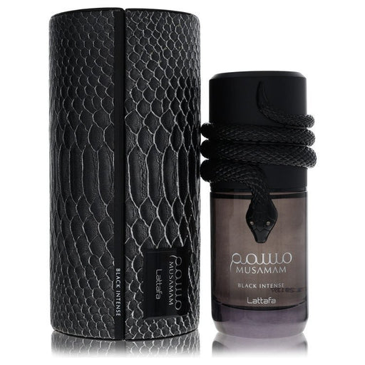 Lattafa Musamam Black Intense Eau De Parfum spray for men, 3.4 oz bottle, featuring a dark, sophisticated fragrance.