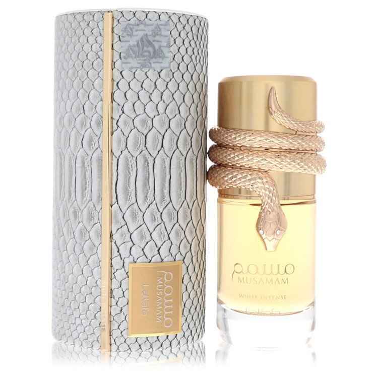 Lattafa Musamam White Intense Eau De Parfum spray for men and unisex, 3.4 oz bottle with elegant white packaging.