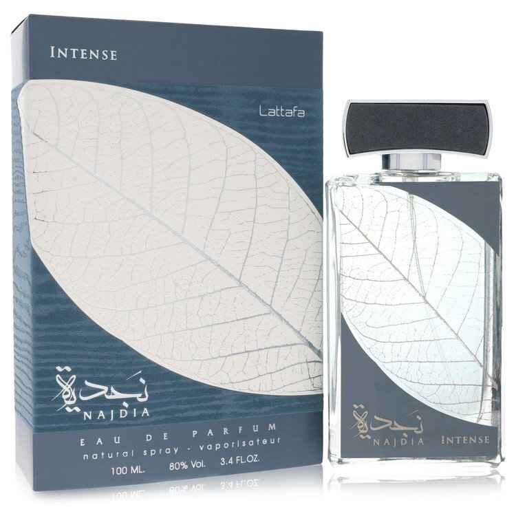 Najdia Intense by Lattafa Eau De Parfum spray 3.4 oz for women and unisex, stylish bottle with elegant design.