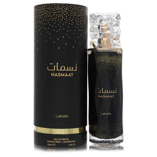 Nasmaat by Lattafa Eau De Parfum spray for women, 3.4 oz bottle with elegant design, showcasing the Lattafa fragrance.