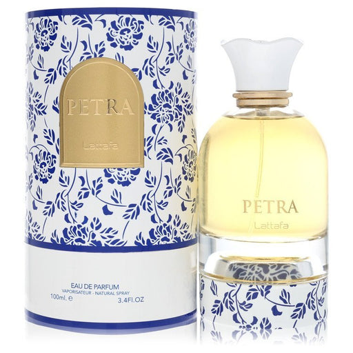 Petra by Lattafa Eau De Parfum spray for women and unisex, 3.4 oz bottle with elegant fragrance design.