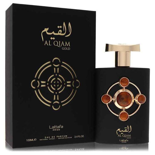 Lattafa Pride Al Qiam Gold Eau De Parfum spray for men and unisex, 3.4 oz bottle with gold accents and elegant packaging.