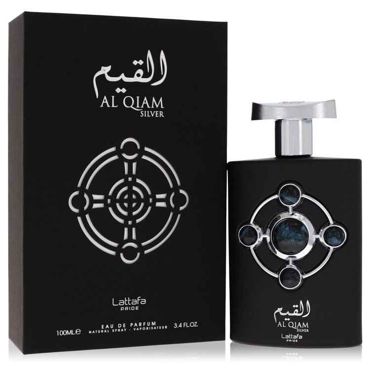 Lattafa Pride Al Qiam Silver Eau De Parfum spray for men and unisex, 3.4 oz bottle with sleek silver packaging.