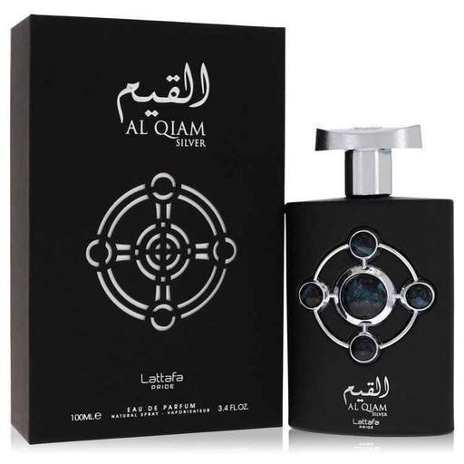 Lattafa Pride Al Qiam Silver Eau De Parfum spray for men and unisex, 3.4 oz bottle with sleek silver packaging.