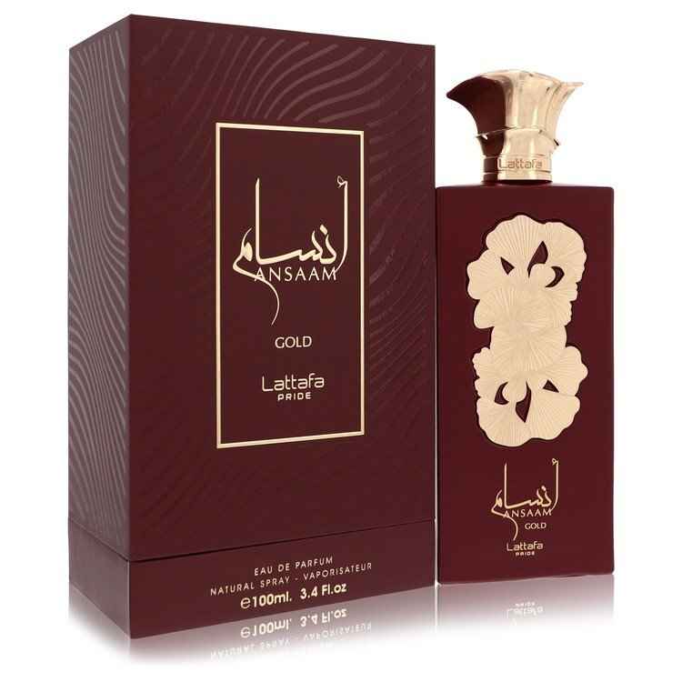 Lattafa Pride Ansaam Gold Eau De Parfum spray for women and unisex, 3.4 oz bottle with elegant gold packaging.