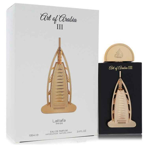Lattafa Pride Art of Arabia III Eau De Parfum spray, 3.4 oz, unisex fragrance with elegant bottle design.