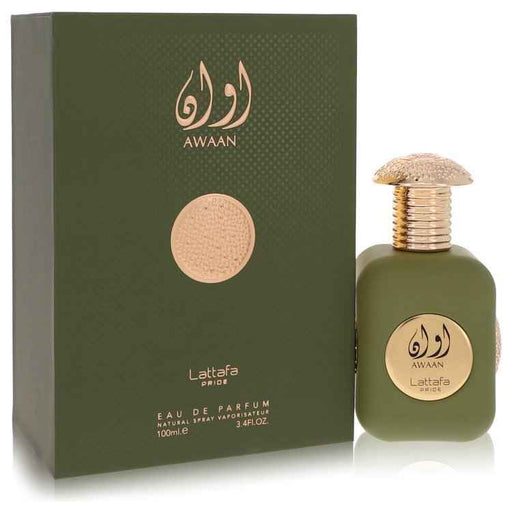 Lattafa Pride Awaan Eau de Parfum spray for men and unisex, 3.4 oz bottle with sleek design and elegant branding.
