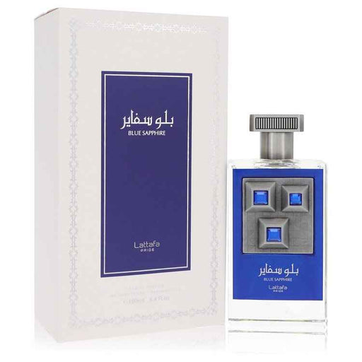 Lattafa Pride Blue Sapphire Eau de Parfum spray for men and unisex, 3.4 oz bottle with a sleek blue design.