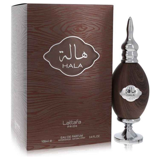 Lattafa Pride Hala Silver men's Eau De Parfum spray in 3.4 oz bottle, featuring sleek silver packaging and elegant design.
