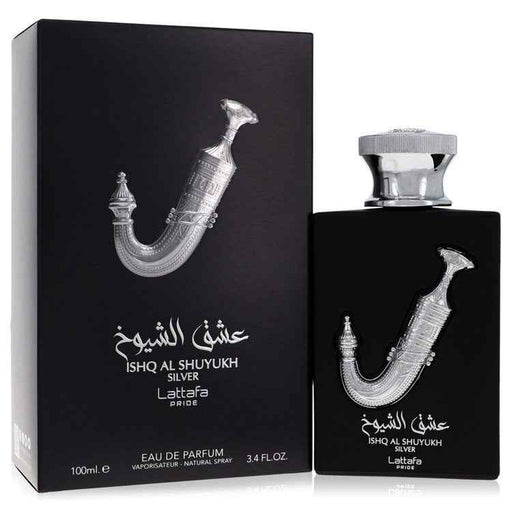 Lattafa Pride Ishq Al Shuyukh Silver Eau De Parfum spray for men and unisex, 3.4 oz bottle with sleek silver packaging.