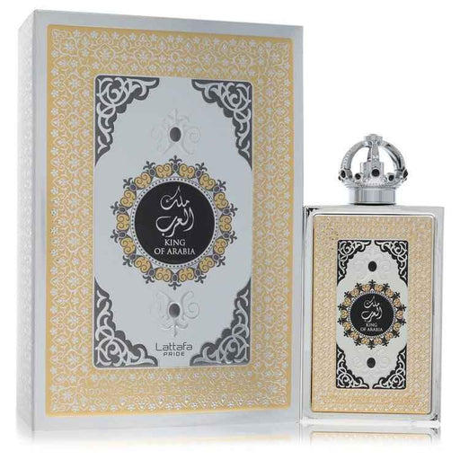 Lattafa Pride King of Arabia Eau De Parfum spray for men, 3.4 oz bottle with gold accents and Arabic-inspired design.