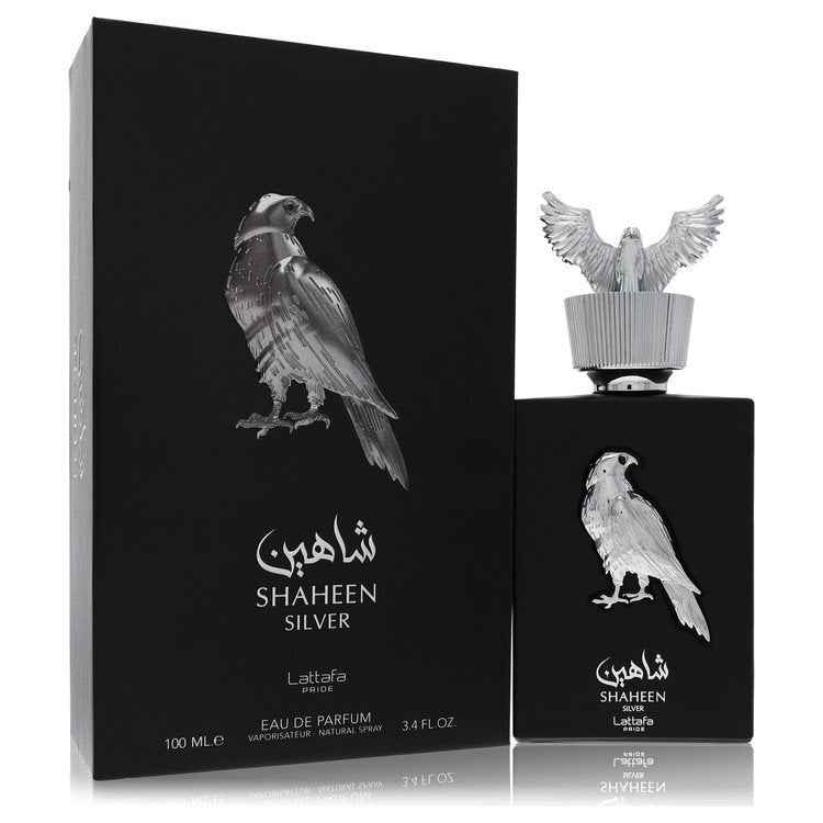 Lattafa Pride Shaheen Silver Eau De Parfum spray for men and unisex, 3.4 oz bottle with sleek silver design.