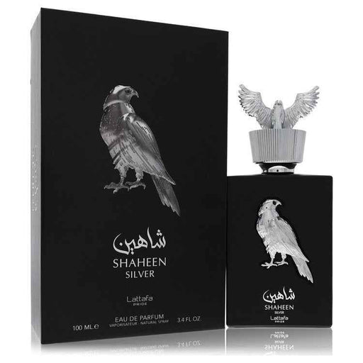 Lattafa Pride Shaheen Silver Eau De Parfum spray for men and unisex, 3.4 oz bottle with sleek silver design.