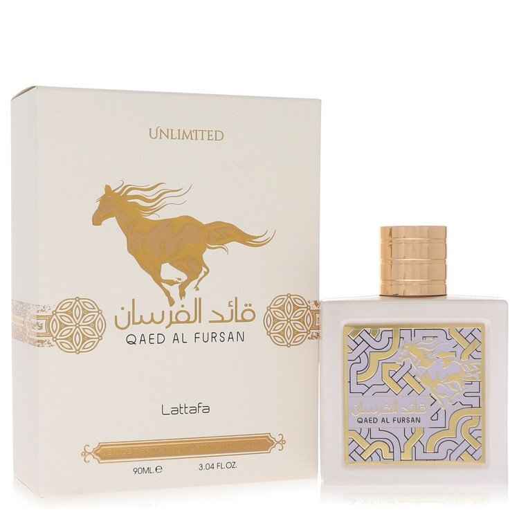 Qaed Al Fursan Unlimited by Lattafa Eau De Parfum spray for men and unisex, 3.04 oz bottle with sleek design.