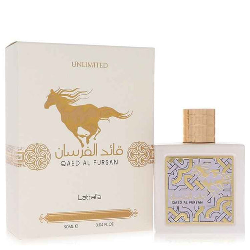 Qaed Al Fursan Unlimited by Lattafa Eau De Parfum spray for men and unisex, 3.04 oz bottle with sleek design.