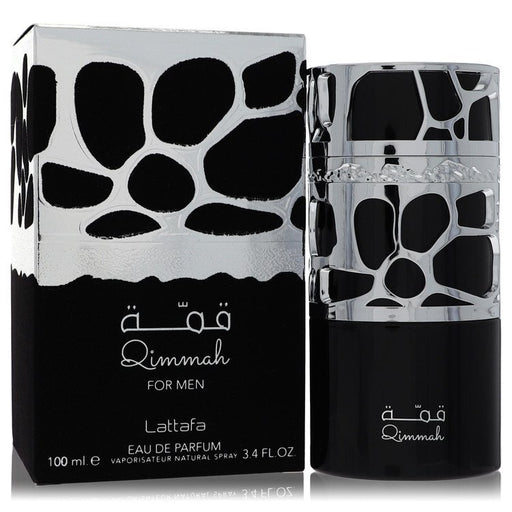 Lattafa Qimmah Eau De Parfum spray for men, 3.4 oz, featuring a sleek bottle with a modern design and sophisticated scent.