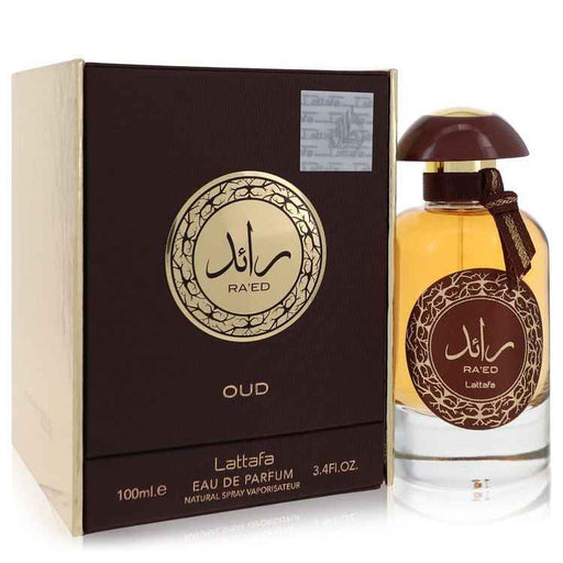 Lattafa Raed Oud Eau De Parfum spray in 3.4 oz, featuring elegant bottle design for women and unisex fragrance.