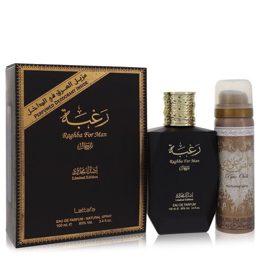 Lattafa Raghba Man Eau de Parfum spray 3.4 oz with Deodorant spray 1.7 oz for men, featuring elegant packaging and branding.