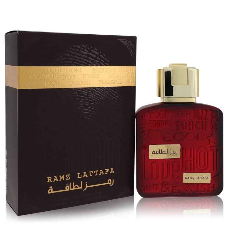 Lattafa Ramz Gold Eau De Parfum spray 3.4 oz for women and unisex, elegant gold bottle with a sleek design.