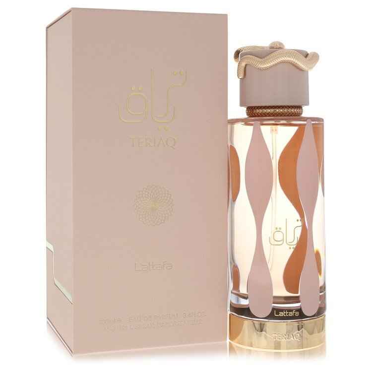 Lattafa Teriaq Eau De Parfum spray 3.4 oz for women and unisex, featuring a sleek bottle with elegant design.