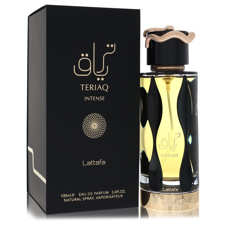 Lattafa Teriaq Intense Eau De Parfum spray 3.4 oz for men and women, showing the sleek bottle with a modern design.