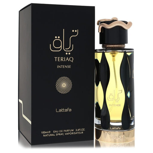Lattafa Teriaq Intense Eau De Parfum spray 3.4 oz for men and women, showing the sleek bottle with a modern design.