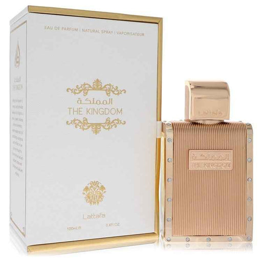 Lattafa The Kingdom Eau De Parfum spray for men, 3.4 oz bottle with elegant packaging and dark fragrance accents.