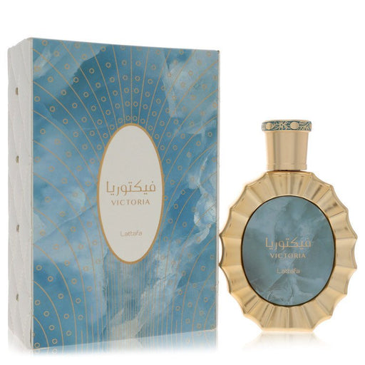 Victoria by Lattafa Eau De Parfum spray 3.4 oz for women and unisex, with elegant floral and citrus notes in a sleek bottle.