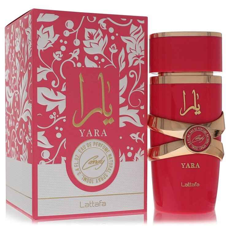 Lattafa Yara Candy Eau De Parfum Spray for Women, 3.4 oz bottle with elegant design and floral fragrance accents.