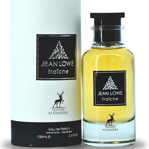 Lattafa Jean Lowe Fraiche men's cologne bottle, 3.4 oz Eau de Parfum by Maison Alhambra, with sleek packaging and branding.