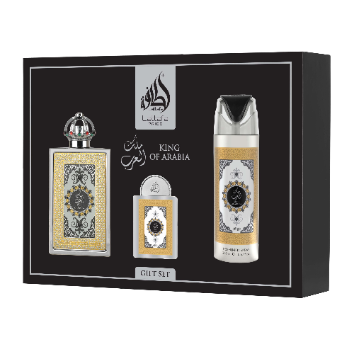 Lattafa King of Arabia Pride men's gift set with three 3.4 oz Eau de Parfum bottles, featuring luxurious fragrance packaging.