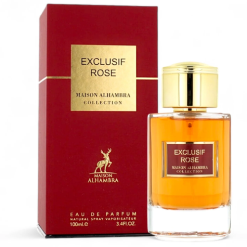 Lattafa Exclusif Rose unisex Eau De Parfum bottle, 3.4 oz, with elegant rose-themed design and label.