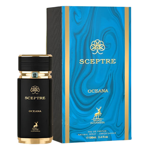 Lattafa Sceptre Oceana unisex Eau de Parfum 3.4 oz, featuring sleek bottle design and elegant branding for men and women.