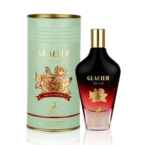 Lattafa Glacier Bella by Maison Alhambra women's perfume 3.4 oz bottle with elegant design and floral accents.