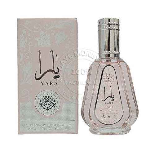 Yara by Lattafa Eau De Parfum for women in a 3.4 oz bottle, elegant perfume with floral and woody scent notes.