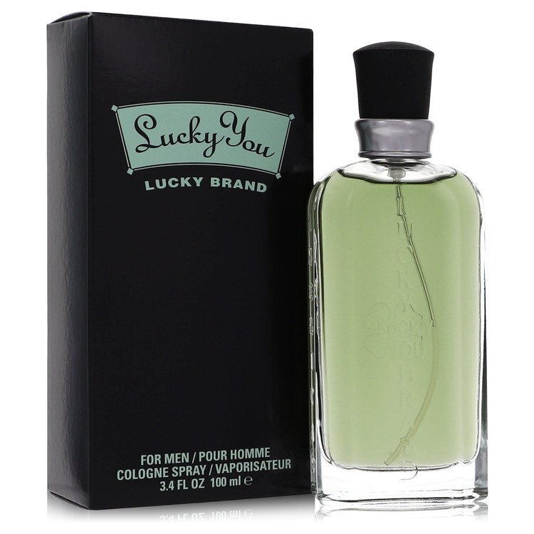 Lucky You by Liz Claiborne cologne spray bottle for men, 3.4 oz, featuring a sleek design and vibrant colors.