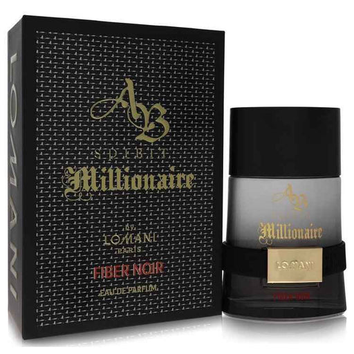 Lomani AB Spirit Millionaire Fiber Noir men's Eau De Parfum spray bottle, 3.3 oz, featuring sleek black packaging and branding.