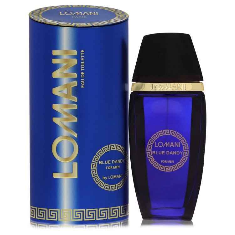 Blue Dandy Lomani Eau De Toilette Spray for Men, 3.3 oz, featuring a sleek bottle with a vibrant blue design.