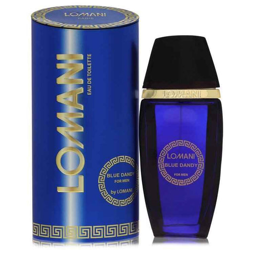 Blue Dandy Lomani Eau De Toilette Spray for Men, 3.3 oz, featuring a sleek bottle with a vibrant blue design.