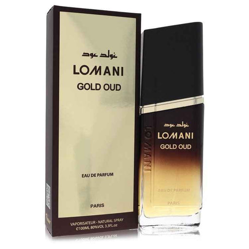 Lomani Gold Oud Eau De Parfum spray for men, 3.3 oz, featuring luxurious gold-colored bottle and elegant design.