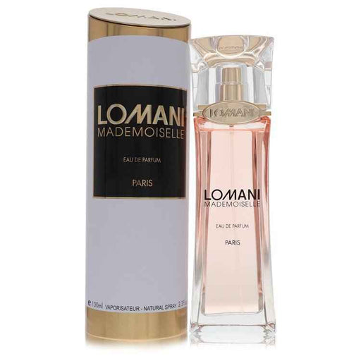 Lomani Mademoiselle Eau de Parfum spray for women, 3.3 oz bottle with elegant floral packaging, showcasing a sophisticated perfume.